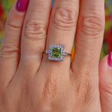 Ellibelle Jewellery Art Deco Style Peridot & Baguette Diamond Platinum Ring