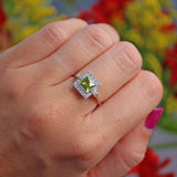 Ellibelle Jewellery Art Deco Style Peridot & Baguette Diamond Platinum Ring