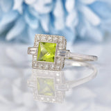 Ellibelle Jewellery Art Deco Style Peridot & Baguette Diamond Platinum Ring