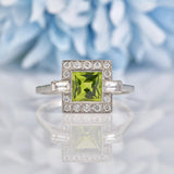 Ellibelle Jewellery Art Deco Style Peridot & Baguette Diamond Platinum Ring