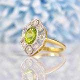 Ellibelle Jewellery Art Deco Style Peridot & Diamond 18ct Gold Panel Ring