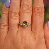 Ellibelle Jewellery Art Deco Style Peridot & Diamond Platinum Three Stone Ring