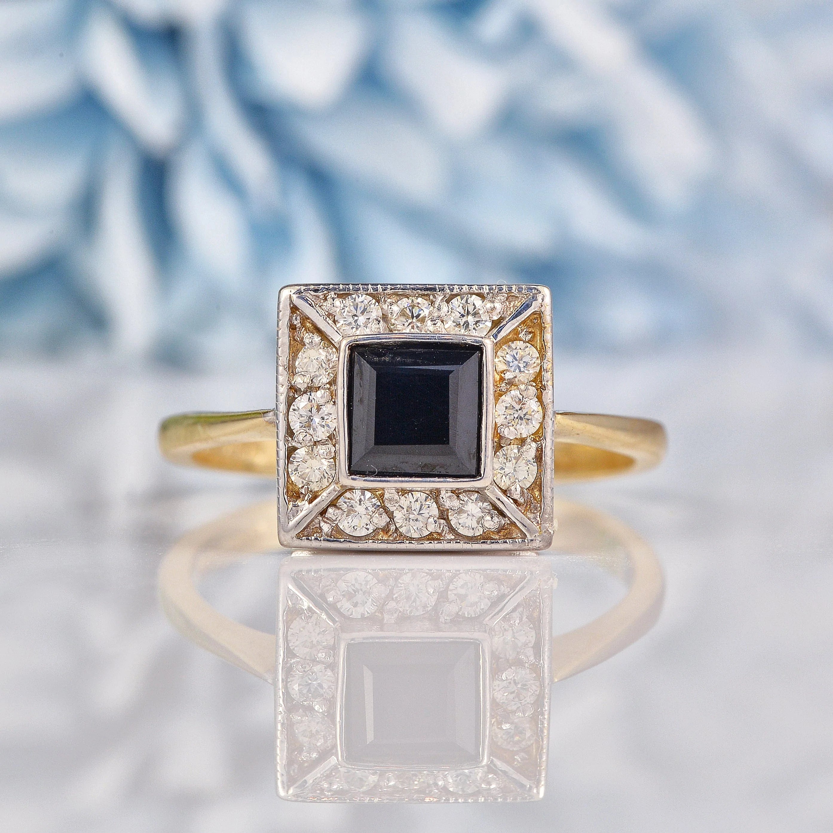 Art Deco Style Square Sapphire Diamond Ring