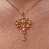 Ellibelle Jewellery EDWARDIAN PERIDOT & PEARL 15CT GOLD PENDANT NECKLACE