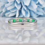 Ellibelle Jewellery Emerald & Diamond 18ct White Gold Half Eternity Wedding Band Ring