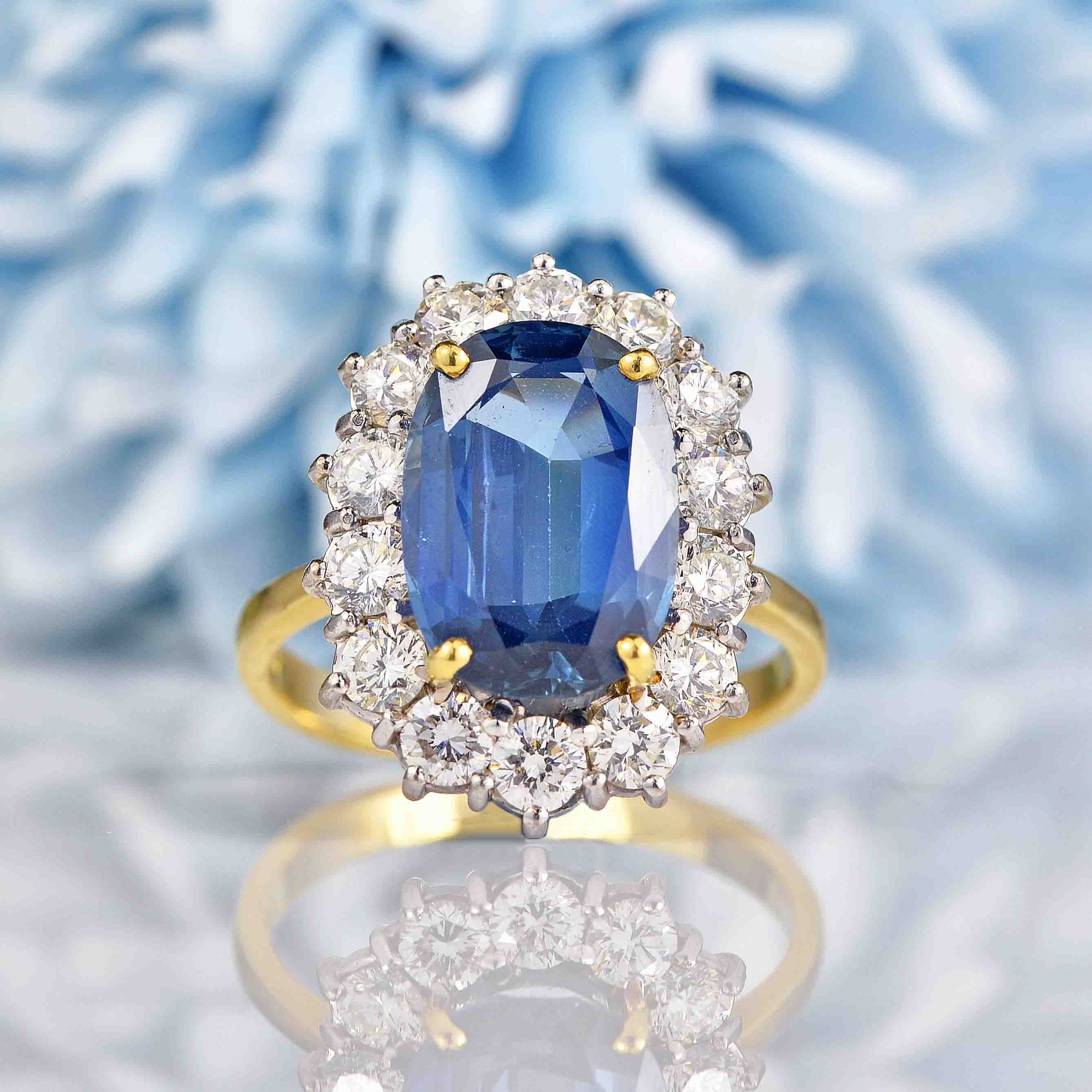 Natural Blue Sapphire Diamond 18ct Gold Oval Cluster Engagement Ring