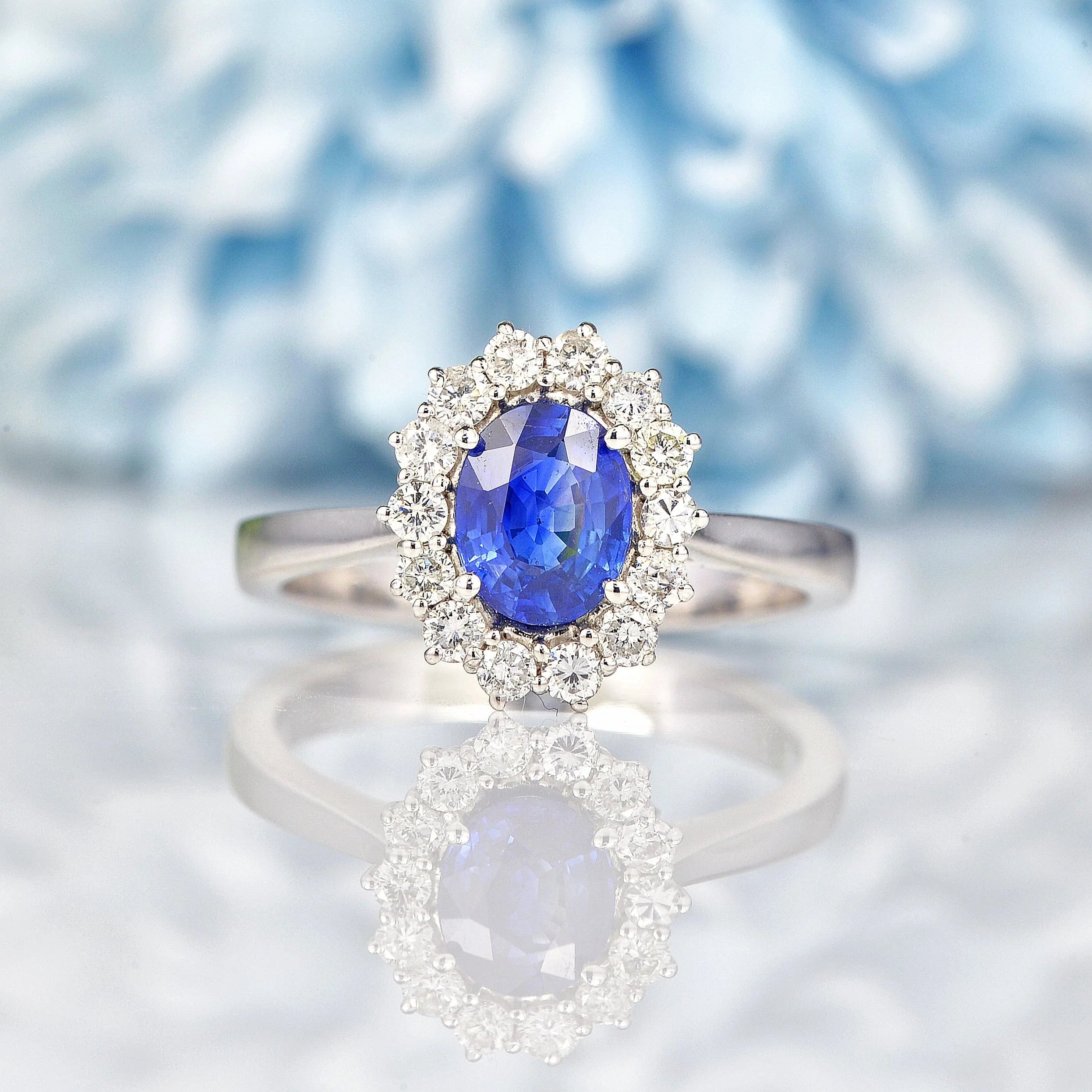 Sri Lankan Blue Sapphire Diamond White Gold Cluster Ring