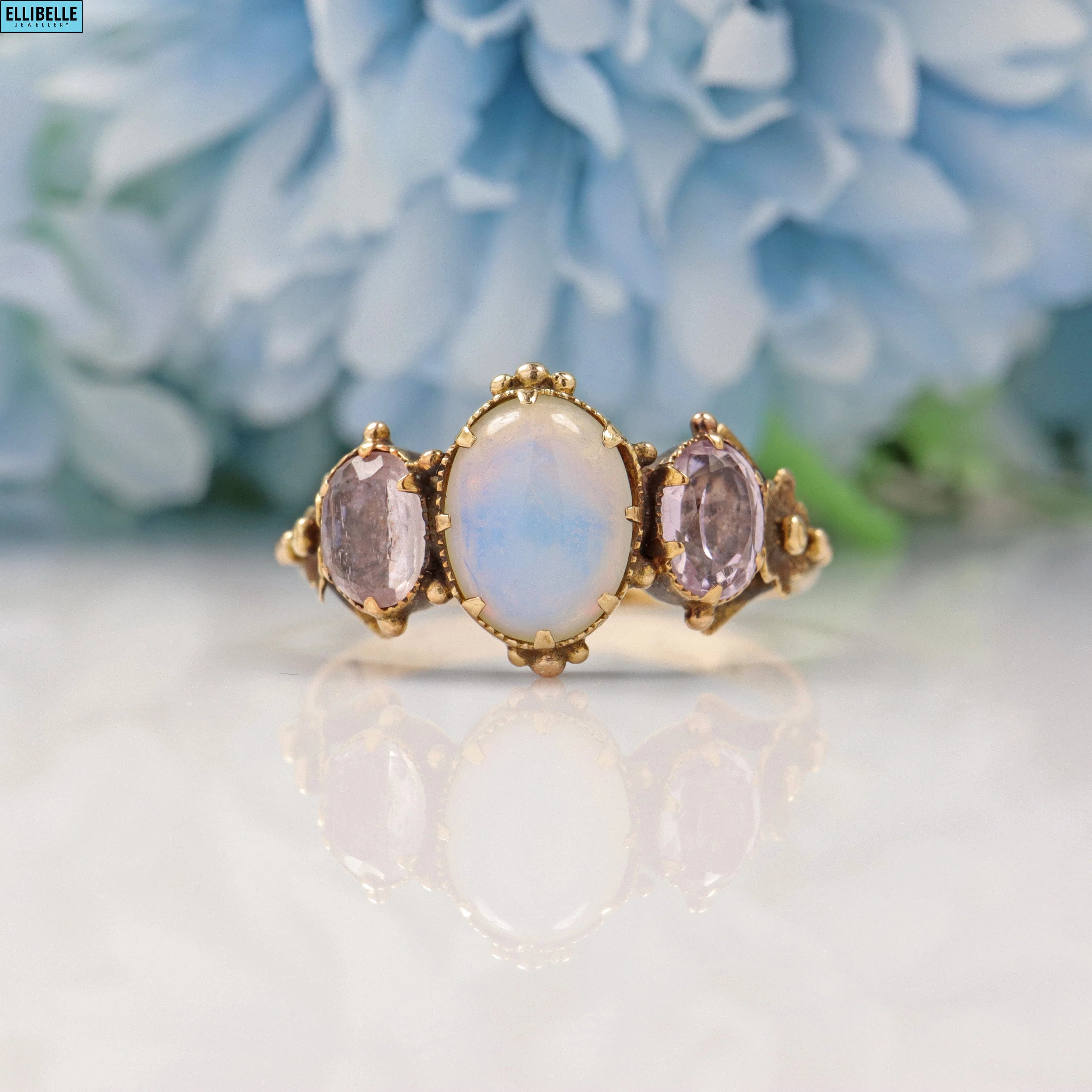 VICTORIAN OPAL PINK TOPAZ 15CT GOLD THREE-STONE RING