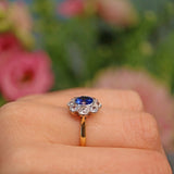 Ellibelle Jewellery Vintage 1950s Blue Sapphire 18ct Gold Daisy Cluster Ring