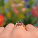 Ellibelle Jewellery Vintage 1960s Ruby & Diamond 18ct Gold Three Stone Ring