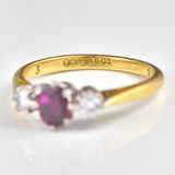 Ellibelle Jewellery Vintage 1960s Ruby & Diamond 18ct Gold Three Stone Ring