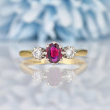 Ellibelle Jewellery Vintage 1960s Ruby & Diamond 18ct Gold Three Stone Ring