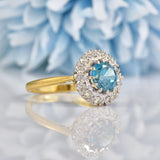 Ellibelle Jewellery Vintage 1964 Blue Zircon & Diamond 18ct Gold Cluster Ring
