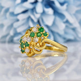 Ellibelle Jewellery Vintage 1970 Emerald & Diamond 18ct Gold Knot Ring