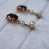 Ellibelle Jewellery Vintage 1970s Garnet & Pearl Gold Drop Earrings