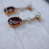 Ellibelle Jewellery Vintage 1970s Garnet & Pearl Gold Drop Earrings