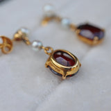 Ellibelle Jewellery Vintage 1970s Garnet & Pearl Gold Drop Earrings
