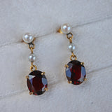 Ellibelle Jewellery Vintage 1970s Garnet & Pearl Gold Drop Earrings