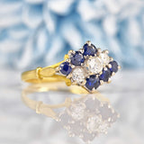 Ellibelle Jewellery Vintage 1970s Sapphire & Diamond 18ct Gold Kite Cluster Ring