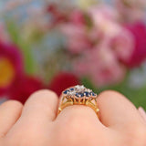 Ellibelle Jewellery Vintage 1970s Sapphire & Diamond 18ct Gold Kite Cluster Ring
