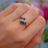 Ellibelle Jewellery Vintage 1970s Sapphire & Diamond 18ct Gold Kite Cluster Ring