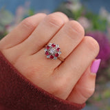 Ellibelle Jewellery Vintage 1972 Ruby & Diamond 18ct White Gold Star Cluster Ring