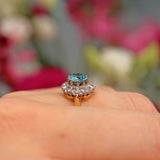 Ellibelle Jewellery Vintage 1974 Blue Zircon & Diamond 18ct Gold Cluster Ring