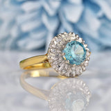 Ellibelle Jewellery Vintage 1974 Blue Zircon & Diamond 18ct Gold Cluster Ring