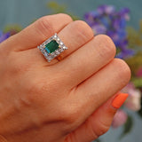 Ellibelle Jewellery Vintage 1976 Natural Emerald & Diamond 18ct Gold Panel Ring