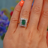 Ellibelle Jewellery Vintage 1976 Natural Emerald & Diamond 18ct Gold Panel Ring