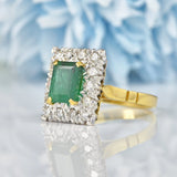 Ellibelle Jewellery Vintage 1976 Natural Emerald & Diamond 18ct Gold Panel Ring