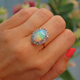Ellibelle Jewellery Vintage 1977 Natural Opal & Diamond 18ct Gold Oval Cluster Ring