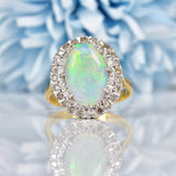 Ellibelle Jewellery Vintage 1977 Natural Opal & Diamond 18ct Gold Oval Cluster Ring