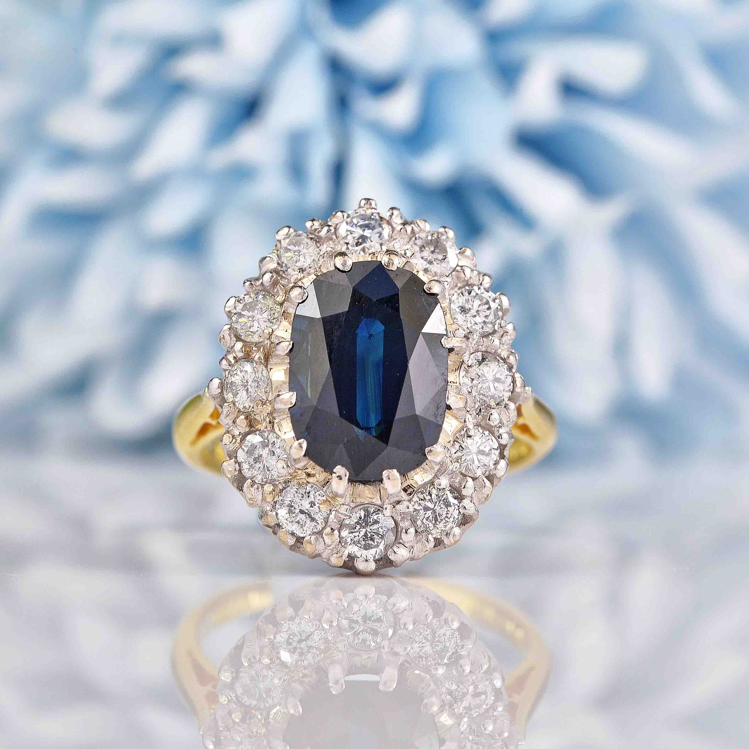 Vintage 1977 Natural Sapphire Diamond Cluster Engagement Ring