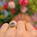 Ellibelle Jewellery Vintage 1980s Blue Topaz & Diamond Gold Cluster Ring