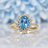 Ellibelle Jewellery Vintage 1980s Blue Topaz & Diamond Gold Cluster Ring