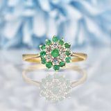 Ellibelle Jewellery Vintage 1980s Emerald & Diamond 9ct Gold Cluster Ring