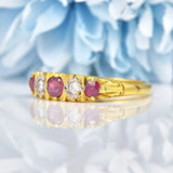 Ellibelle Jewellery Vintage 1980s Ruby & Diamond 18ct Gold Five Stone Ring