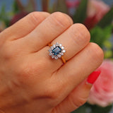 Ellibelle Jewellery Vintage 1986 Teal Sapphire & Diamond 18ct Gold Cluster Ring