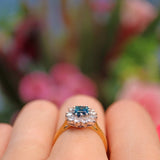 Ellibelle Jewellery Vintage 1986 Teal Sapphire & Diamond 18ct Gold Cluster Ring