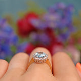 Ellibelle Jewellery Vintage 1987 Aquamarine & Diamond Gold Halo Ring