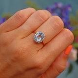 Ellibelle Jewellery Vintage 1987 Aquamarine & Diamond Gold Halo Ring