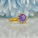 VINTAGE AMETHYST & DIAMOND 18CT GOLD DAISY HALO RING