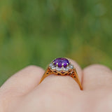 VINTAGE AMETHYST & DIAMOND 18CT GOLD DAISY HALO RINGVINTAGE AMETHYST & DIAMOND 18CT GOLD DAISY HALO RING