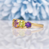 Ellibelle Jewellery Vintage Amethyst & Peridot 9ct Gold Suffragette Style Ring