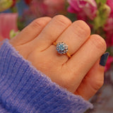 Ellibelle Jewellery VINTAGE AQUAMARINE & DIAMOND 18CT GOLD HALO RING