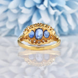 Ellibelle Jewellery Vintage Blue Sapphire & Diamond 14ct Gold Triple Cluster Ring