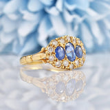 Ellibelle Jewellery Vintage Blue Sapphire & Diamond 14ct Gold Triple Cluster Ring