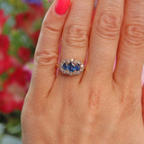Ellibelle Jewellery Vintage Blue Sapphire & Diamond 14ct Gold Triple Cluster Ring