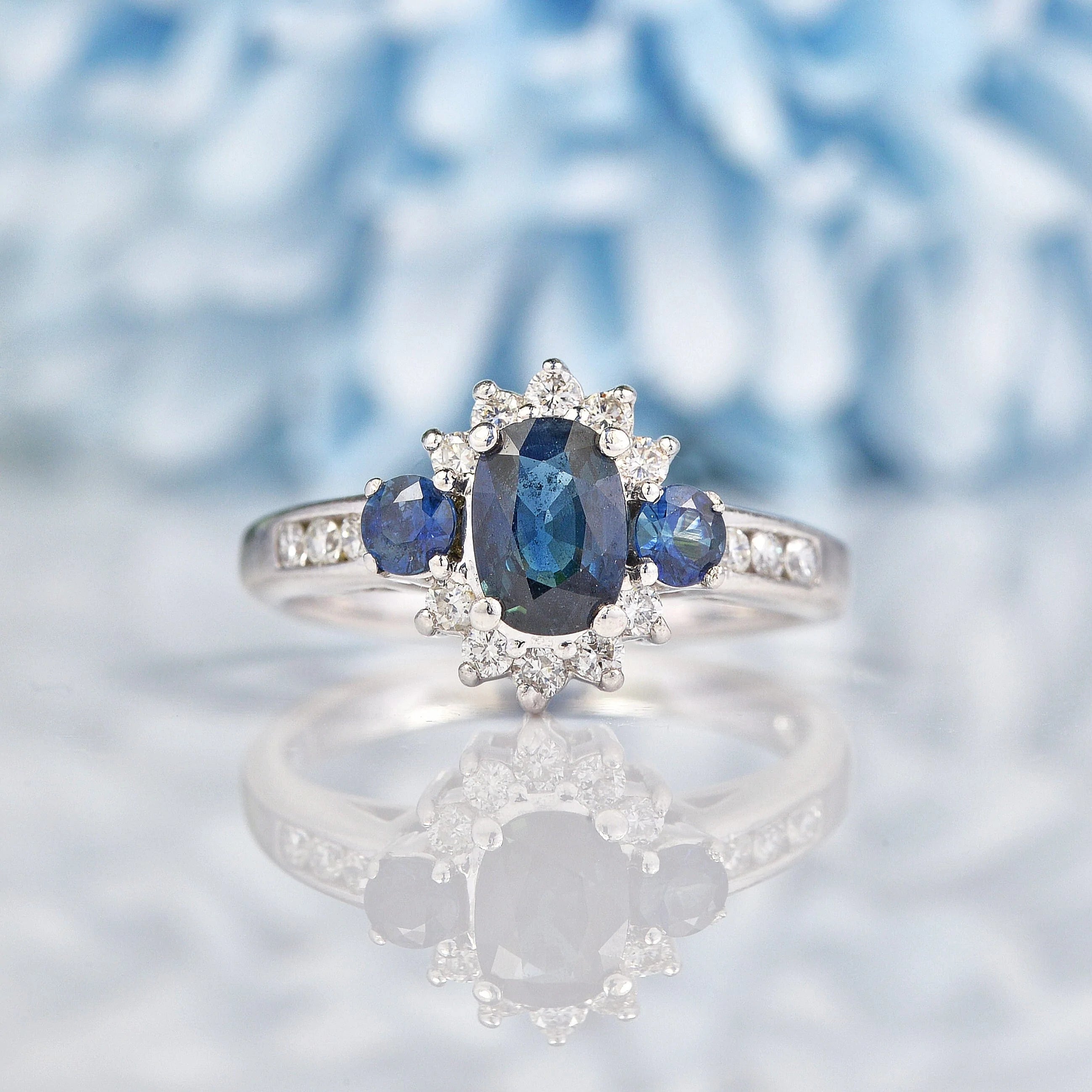 Vintage Blue Sapphire Diamond White Gold Ring